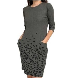 J. McLAUGHLIN Catalyst Dress Gray Leopard Print 3/4 Sleeves Pockets - Sz Large